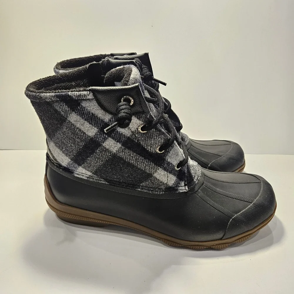 Sperry Syren Saltwater Duck Boots Womens 8 Black Grey‎ Buffalo Plaid Waterproof